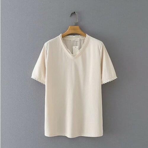 Plus size V neck short sleeve lace Elasticity women t shirts 2021 new summer casual solid color ladies soft tshirts female tops