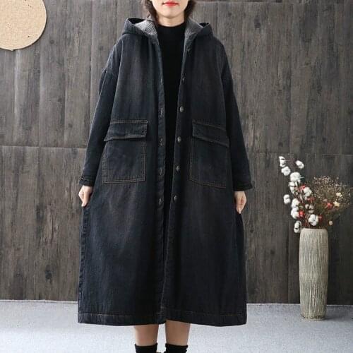 Women 2021 Winter Casual Loose Cotton Padded Coat Female Large Size Hooded Denim Jacket Lady Padded Warm Thick Jeans Parkas B126