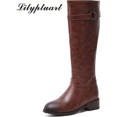 2019 simple style versatile belt buckle decorative fashion boots round head short plush side zipper rubber sole knee boots women