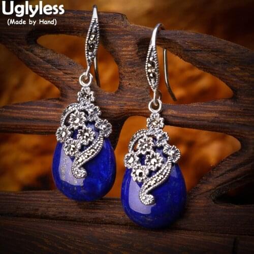 Uglyless Ethnic Vintage Thai Silver Flowers Earrings for Women Water Drop Chalcedony Garnet Lapis Earrings 925 Silver Brincos