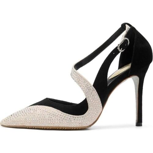 Carpaton Newest Crystal Embellished High Heel Shoes Woman Pointed Toe Mixed Colors Party Wedding Heels Cutouts Buckle Strap Shoe