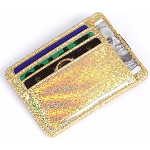 2019 New Women Laser ID Cash Card Holder Silver Leather Slim Wallet Fashion Shinning Business Credit Card Protector Case Purse