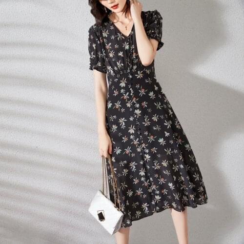 Silk Printed Dress Womens Mid-Length Short Sleeve Mulberry Silk Floral Skirt