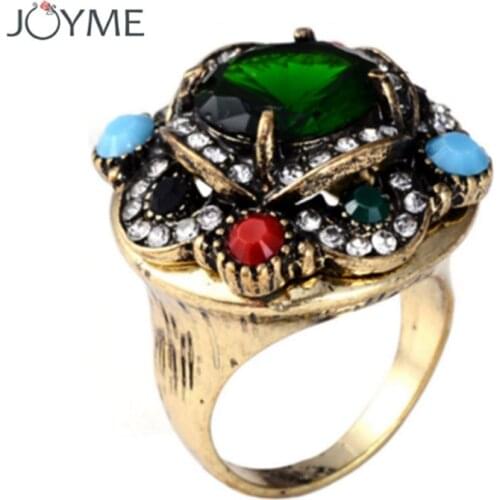 Fashion 2018 Vintage Big Ring Antique Gold Color Mosaic Colorful Crystal Rings For Women Size 7 8 9 10 Turkish Statement Jewelry