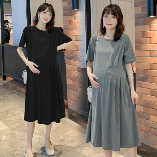 2021 Summer Cotton Maternity Dress Chic Ins Patchwork Pleated A Line Loose Clothes for Pregnant Women Casual Pregnancy