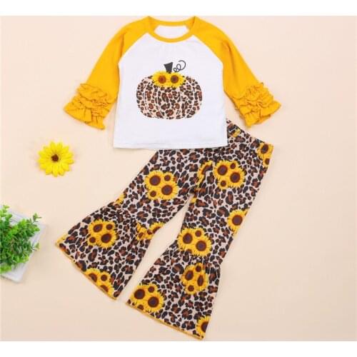 Kids Girl Sunflower Leopard Print O-Neck Tops Tshirts Flared Trousers Toddler Girls Clothes Child Girl Set