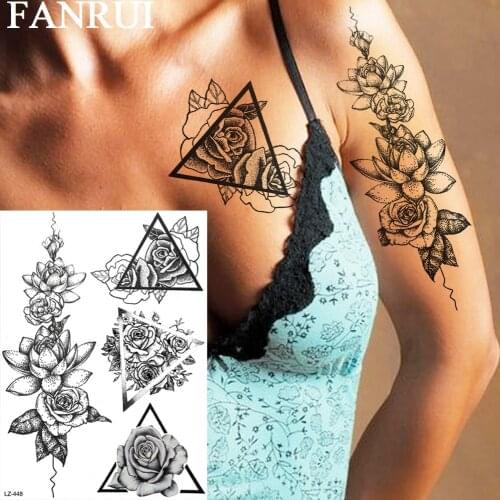FANRUI Sexy Geometric Triangle Rose Flower Adult Temporary Tattoos Sticker Fake Jewelrys Tattoo Black Body Art Tatoos For Women