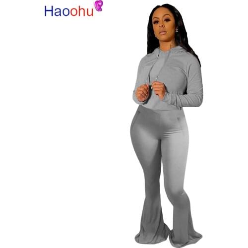 HAOOHU Active Wear Womens Set Hooded Tops Wide Leg Flare Bellbottom Pants Suit Tracksuit Sport Two Piece Set Fitness Outfit