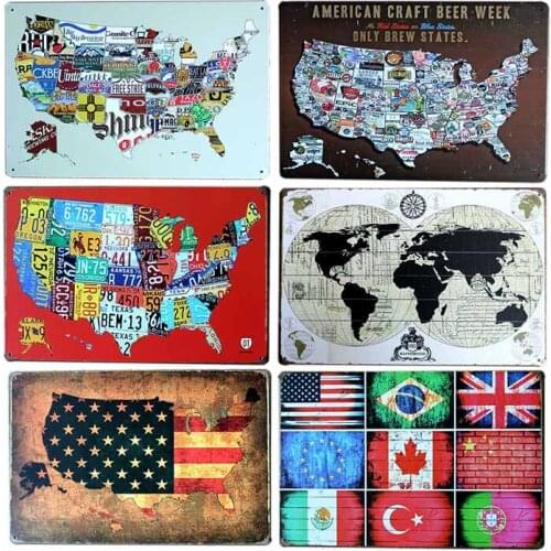 United States Map Sign National Flag Metal Plaque Vintage World Map Poster Cafe Decoration Pub Retro Wall Decorative 20x30cm