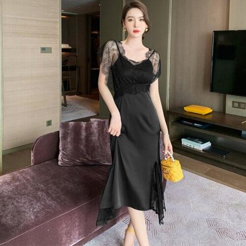 Fashion French Vintage Sexy Lace Perspective Midi Party Club Dress Ladies Casual Robe Elegant Coffee Break Backless Beach Dress