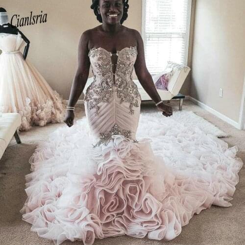 Fashion Plus Size Mermaid Wedding Dresses Beads Appliqued Tiered Skirts Trumpet Bridal Gowns Beach Vintage Bespoke Wedding Dress