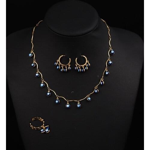 New Blue Eye Necklace Set Gold Plated Turkish Evil Eye Jewelry Set Lucky Costume Jewelry for Women Arabic Wedding Accessories