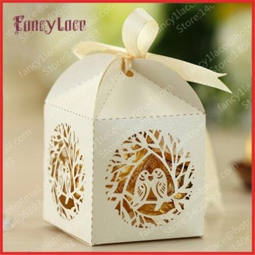Wholesale Laser Cutting Love Bird Wedding Favor Box Gift Candy Favor chocolate Box for Wedding Decorations within Ribbon ,50PCS