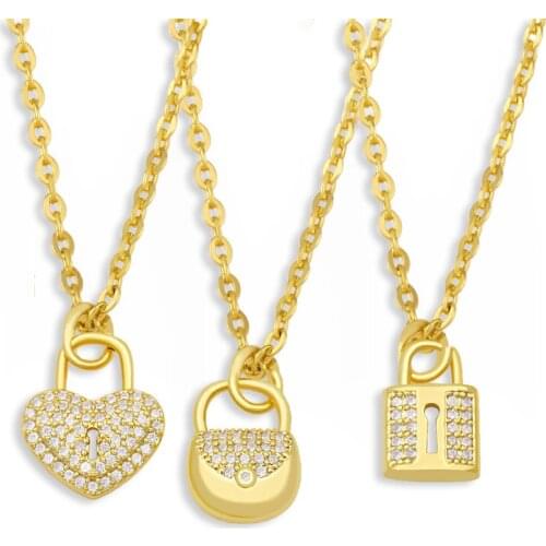 FLOLA Small Padlock Necklace For Women Gold Chains Heart Lock Pendant Necklace Cute Crystal CZ Pave Zirconia Jewelry Gift nkes71