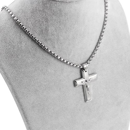 Mens Square Pearl Chain Necklace Silver Color Vintage Stainless Steel Cross pendant Necklaces women Fashion Jewelry Accesories