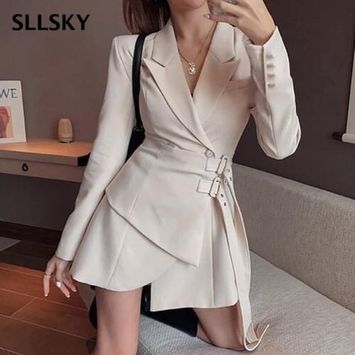 SLLSKY Notched Collar Blazer Dress Women Party Fashion Ladies Elegant Irregular Dress Long sleeve Buckle Lace Up Mini Dress