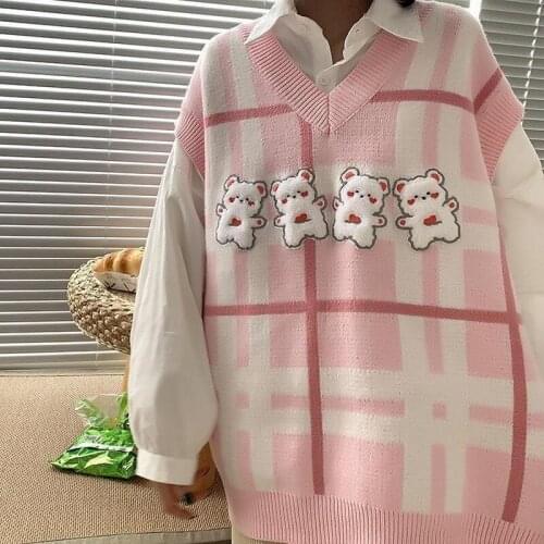 Sweet Pink V-neck Sweater Vest Women Autumn Japanese Loose Knitted Vest Woman New Fashion Cartoon Outwear Tops