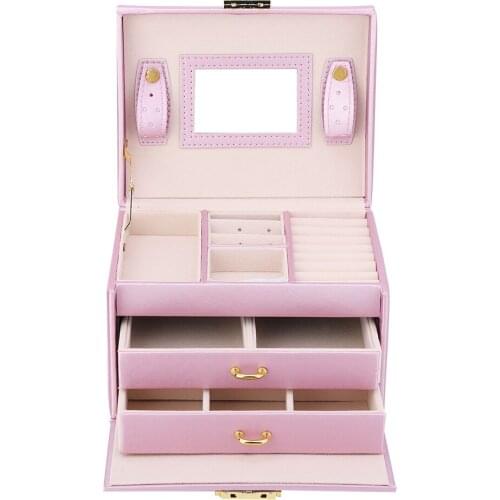 3 Tiers PU Leather Jewelry Storage Case Display Box Holder Organizer With Mirror Three-Layer Double-Drawer Jewelry Box With Key
