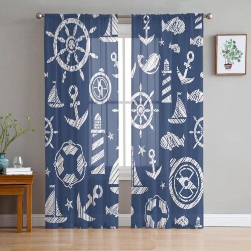 Blue Anchor Boat Fish Tulle Sheer Window Curtains for Living Room Kitchen Children Bedroom Voile Hanging Curtain