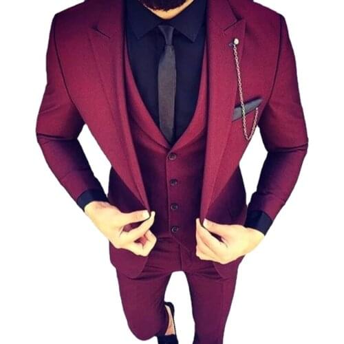Custom Hand Made Wine Red Slim Fit Wedding Men Suits Prom Party Dress 3 Pieces (Jacket Pant Vest) Groom Tuxedos Daily Clothes