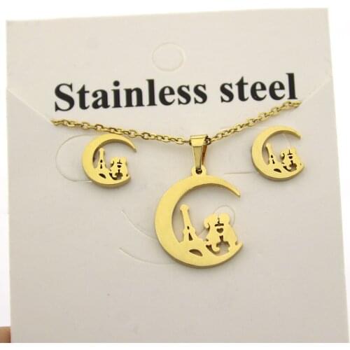 1 Set Stainless Steel Jewelry Set Girl And Boy In Moon City Necklace Earrings Jewellry Set Women Couple Girls Festival Gifts