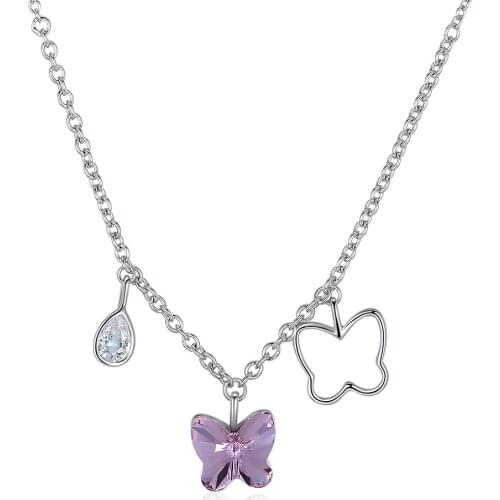 ZEMIOR 925 Sterling Silver Pendant Necklaces Butterfly Romantic Round Austria Crystal And Clear Cubic Zirconia Female Necklace
