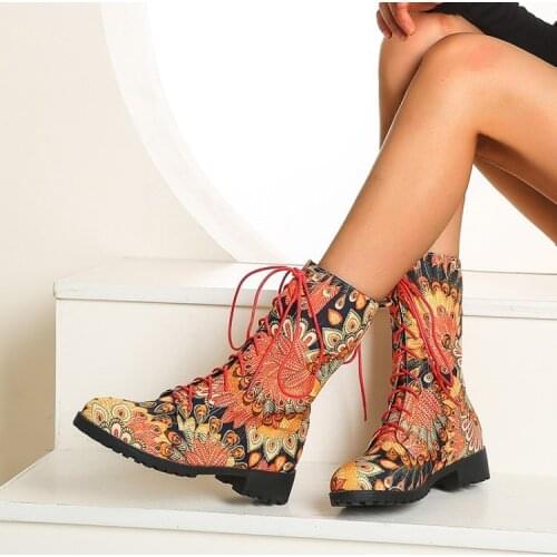 Gyh Women Lace Up Boots Flower Print Ankle Fashion Round Toe Ladies Sexy Boots Designer Boots Med Heel Shoes Woman