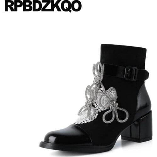 Belts Sparkly Lace Diamond Chunky Women Ankle Boots 2021 Round Toe Booties Rhinestone Shoes Designer Black High Heel Bridesmaid