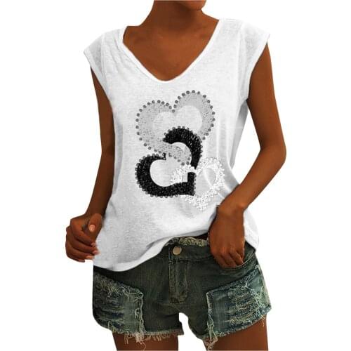 Womens Tops And Blouses Womens V-neck Blouse Casual Sleeve Vest Love Print Loose Blouse Tank Tops Blusas Mujer De Moda 2021