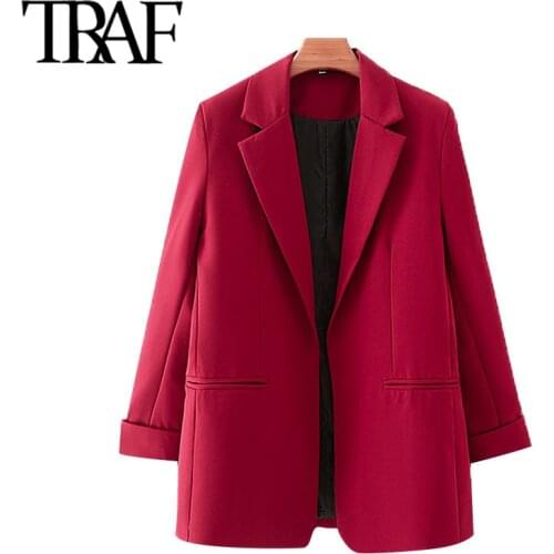 TRAF Women Fashion Office Wear Red Blazer Coat Vintage Long Sleeve Pockets Female Outerwear Chic Tops