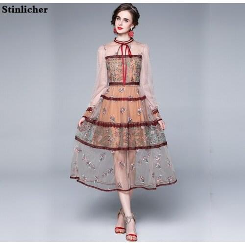 Elegant Runway Ladies Bow Flower Embroidery Lace Mesh Dress Women Spring Autumn Fashion Long Party Dress Midi Robe High Quality