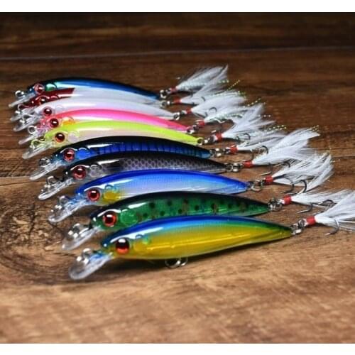 1Pcs Laser 3D Eyes Bionic Minnow Fishing Lure 90mm 7g Artificial Hard Bait with Feather Treble Hook Fishing Bait