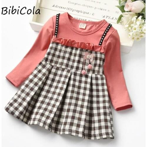 2021 girls new round neck orange spring and autumn dress girls baby children long-sleeved plaid fake two-piece dress