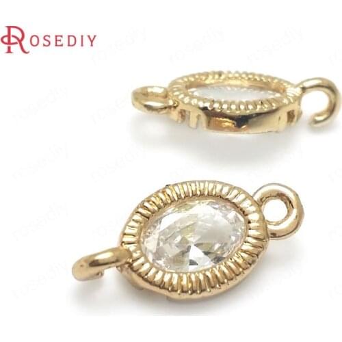 36452)10PCS 13x7MM 24K Champagne Gold Color with White Zircon Brass 2 Holes Oval Connect Charms Pendants High Quality Findings