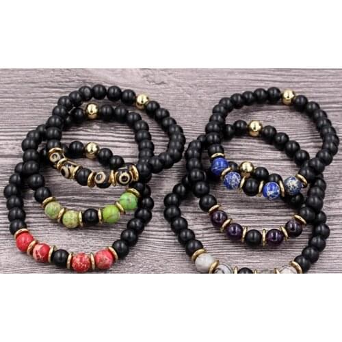 8mm hh563 Chakra Reiki Prayer Buddha Yoga elastic adjusted Charm nature stone agate Onyx volcanic lava Charm Bracelet