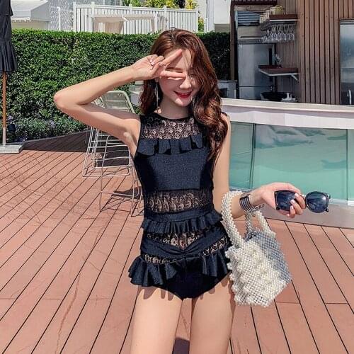 Brand High quality Beach Wear Sexy Women One Pieces Swimwear Girls Backless Swimsuit Black Lace & Ruffle Patchwork Bathing Suit