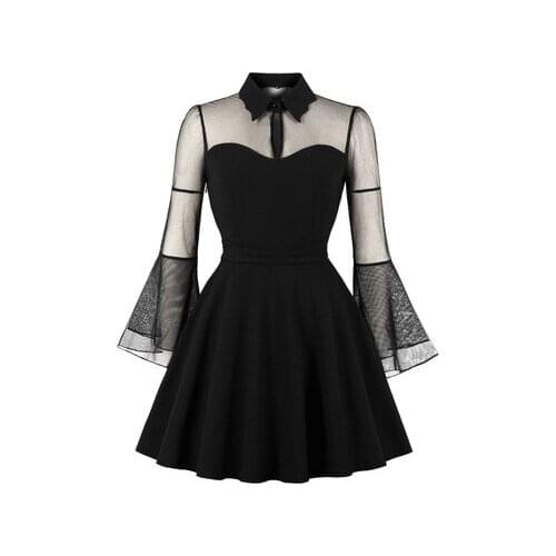 Halloween Black Queen mesh flared sleeve patchwork vintage dress