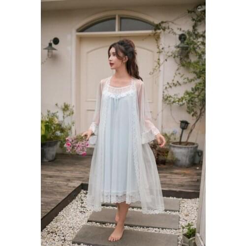 Rincess Style 2 Pieces Sleepwear Gown Set Women Home Wear Sexy Lace Ruffle Spaghetti Strap Nightie Vintage Nightwear