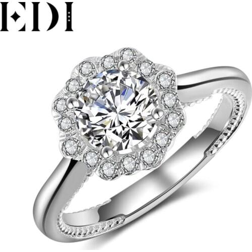 EDI Genuine 14K 585 White Gold Rings For Women Moissanites Diamond Flower Wedding Engagement Fine Jewelry