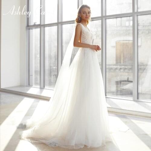 Ashley Carol A-Line Wedding Dress 2021 Elegant Beaded Lace V Neckline Sashes Backless Tulle Bride Dresses Beach Boho Bridal Gown