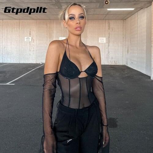 Gtpdpllt Mesh Off-shoulder Black T-shirts Sexy Halter Backless Long Sleeve Transparent Crop Tops Femme Party Club Hollow Out Tee