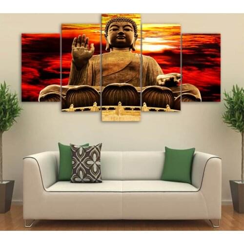Religious Wall Art Picture 5 Piece Golden Buddha Statue Canvas Painting Sunset Landscape Home Decoration Posters and Prints