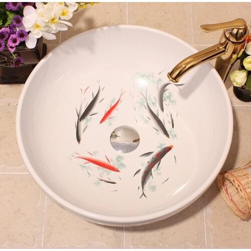 Vintga Europe bathroom vanitie chinese Jingdezhen Art Counter Top fish ceramic wash basin bathroom sinks
