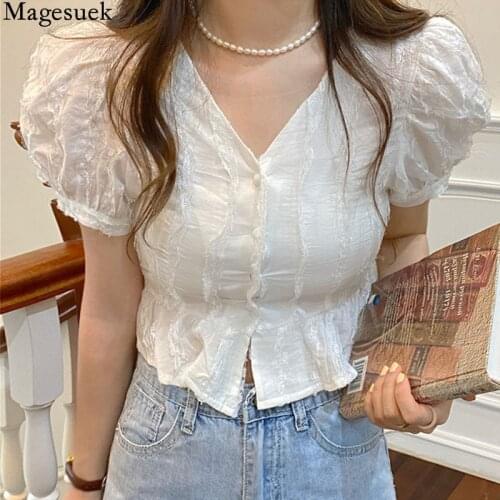 Sweet Lace Stitching Summer Womens Shirt Korean Fashion Puff Short Sleeve Slim Blouse Women Cotton Short Tops New Blusas 15668