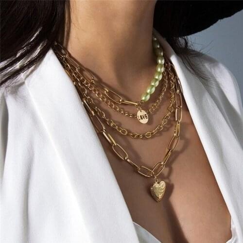 Layered Pearl Chunky Chain Necklace Punk Gold Color Heart Pendant Choker Necklace Fashion Jewelry