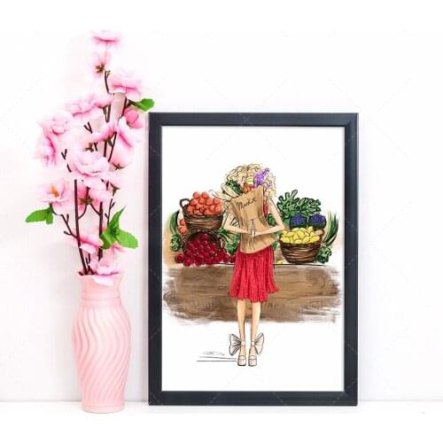Market day-fashion woman illustration art print wall decoration poster
