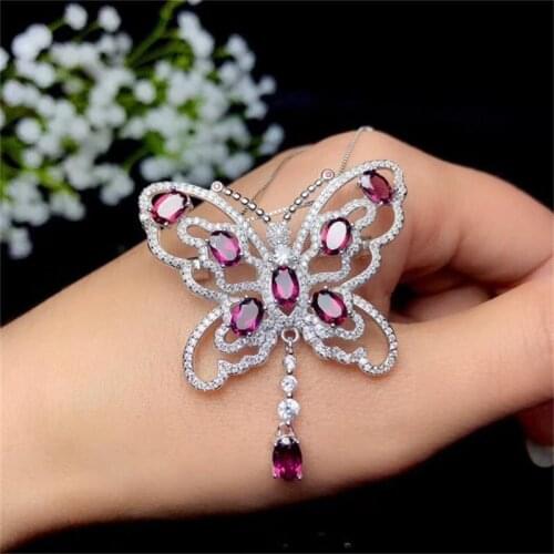 Real 925 Sterling Sliver Romantic Leaves Pendant Necklace Natural Red Garnet For Women Wedding Fine Jewelry
