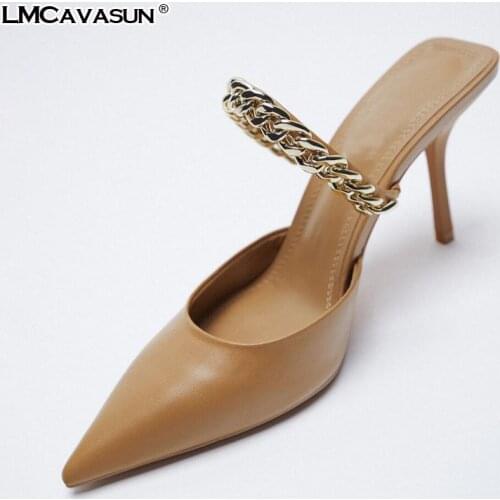LMCAVASUN 2021 New womens shoes Chain design Mules Shoes Elegant Pointed Toe Mary Jane Shoes
