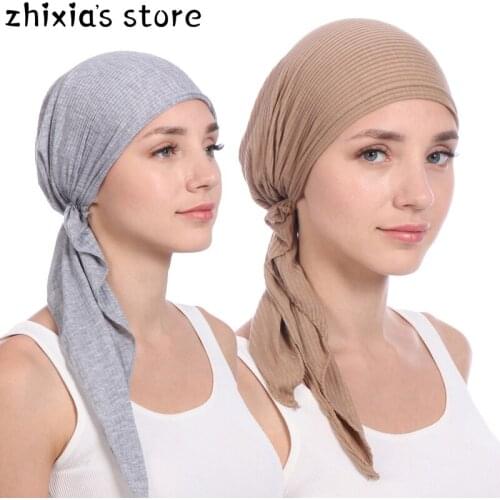 New elastic cotton solid color wrap head scarf Hats muslim turban bonnet for women Inner Hijab Hat fashion female turbantes caps