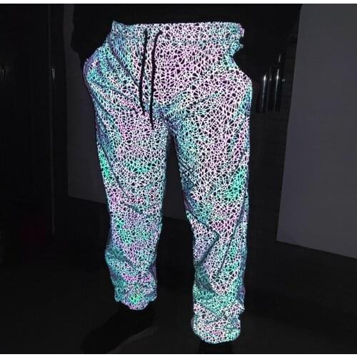 Drop shipping Colorful joggers men pants reflective sweatpants nigh light streetwear hip hop trousers casual outwear clothing